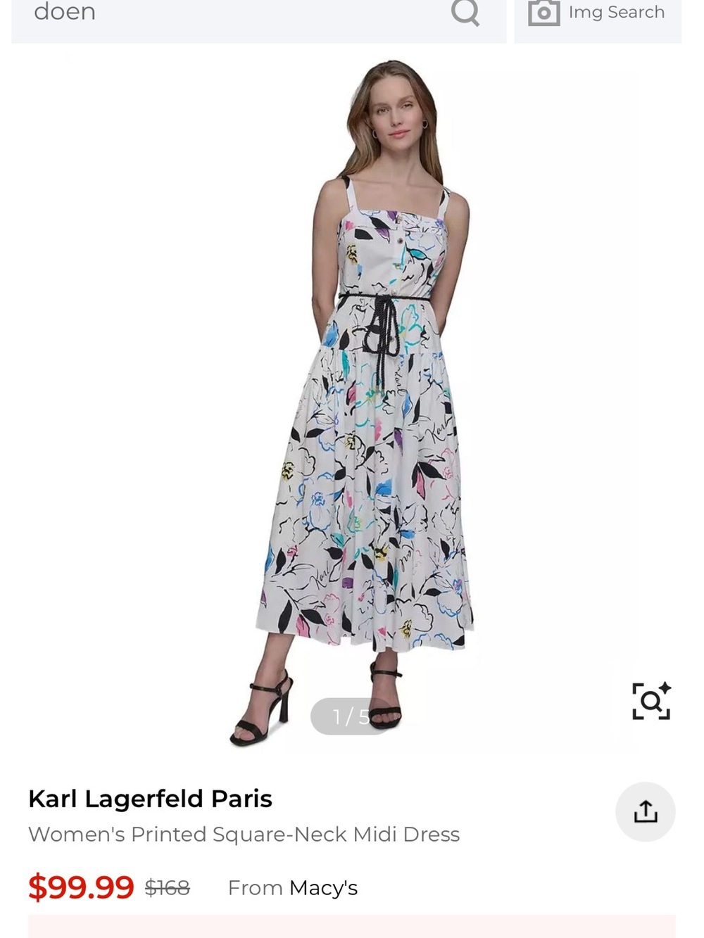 Karl Lagerfeld White Floral-Print Square-Neck Midi Dress with Black Tie